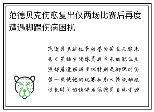 范德贝克伤愈复出仅两场比赛后再度遭遇脚踝伤病困扰