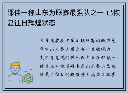 邵佳一称山东为联赛最强队之一 已恢复往日辉煌状态 邵佳一称山东为联赛最强队之一 已恢复往日辉煌状态